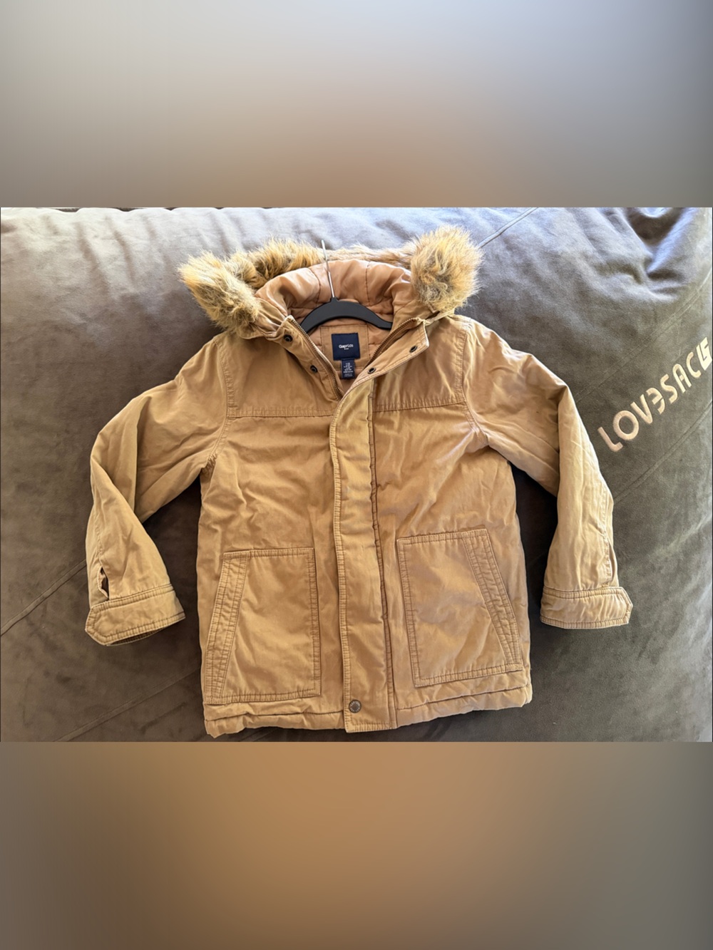 GAP Kids Hooded Puffer Jacket with Faux-Fur Trim in Tan